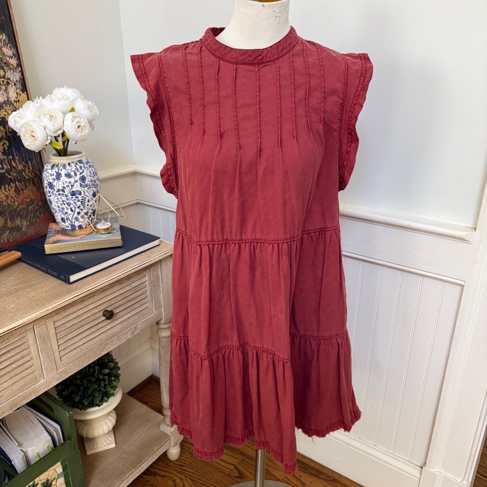 Anthropologie Tiered Ruffle Neck Dress Dusty Rose Gauze Cotton Blend M